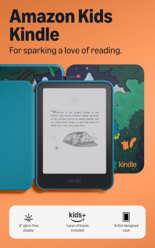 Amazon Kids Kindle 16GB (newest model), Now thinner and lighter, 6" glare-free display, weeks of battery, includes 1 year of books and Bookman cover