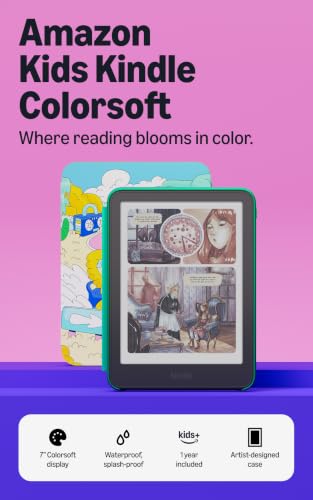 Amazon Kids Kindle Colorsoft 16GB (newest model), Thinner and lighter, 7" color display, Weeks of battery, Includes 1 year of books and Desert Dash cover
