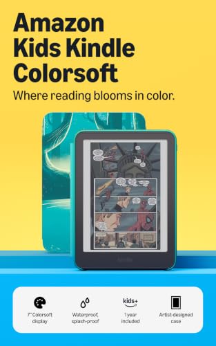 Amazon Kids Kindle Colorsoft 16GB (newest model), Thinner and lighter, 7" color display, Weeks of battery, Includes 1 year of books and Desert Dash cover