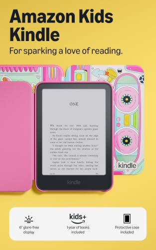 Amazon Kids Kindle 16GB (newest model), Now thinner and lighter, 6" glare-free display, weeks of battery, includes 1 year of books and Bookman cover