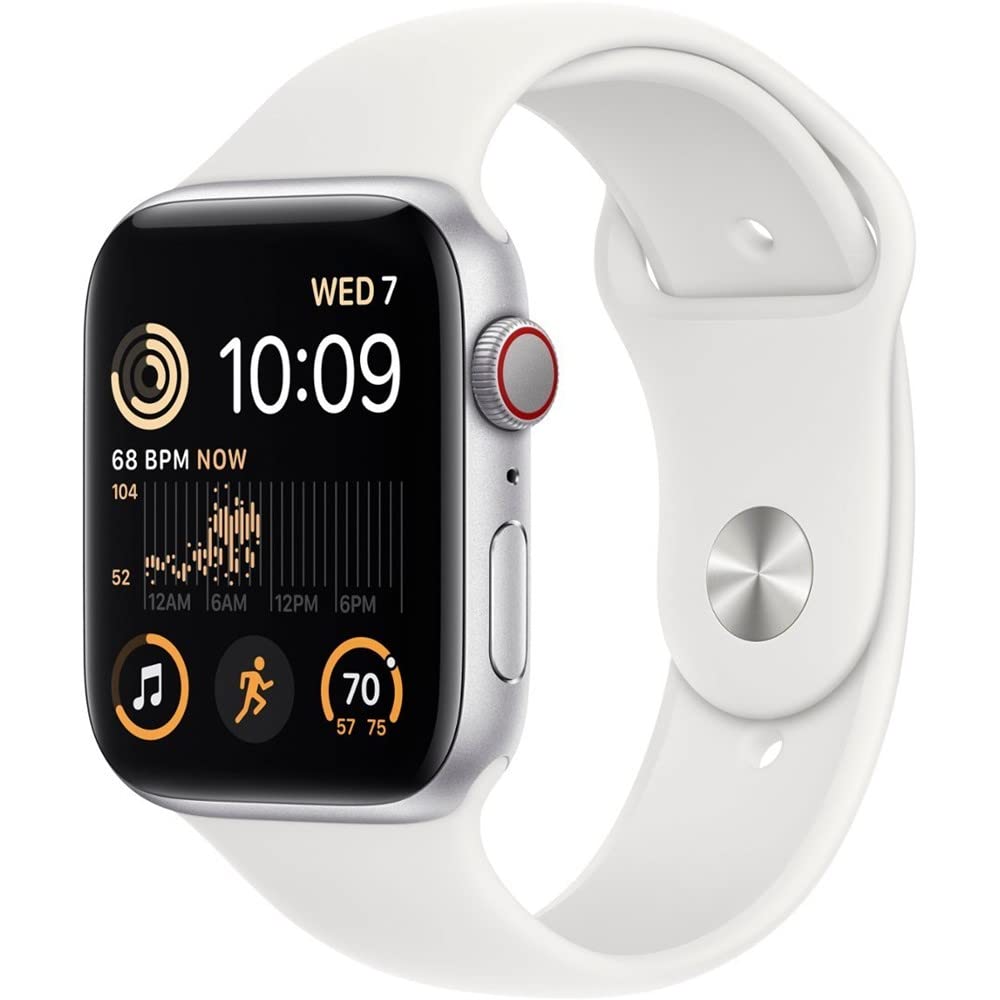 Apple Watch SE (2nd Gen) (GPS + Cellular, 44mm) - Silver Aluminum Case with White Sport Band, M/L (Renewed)