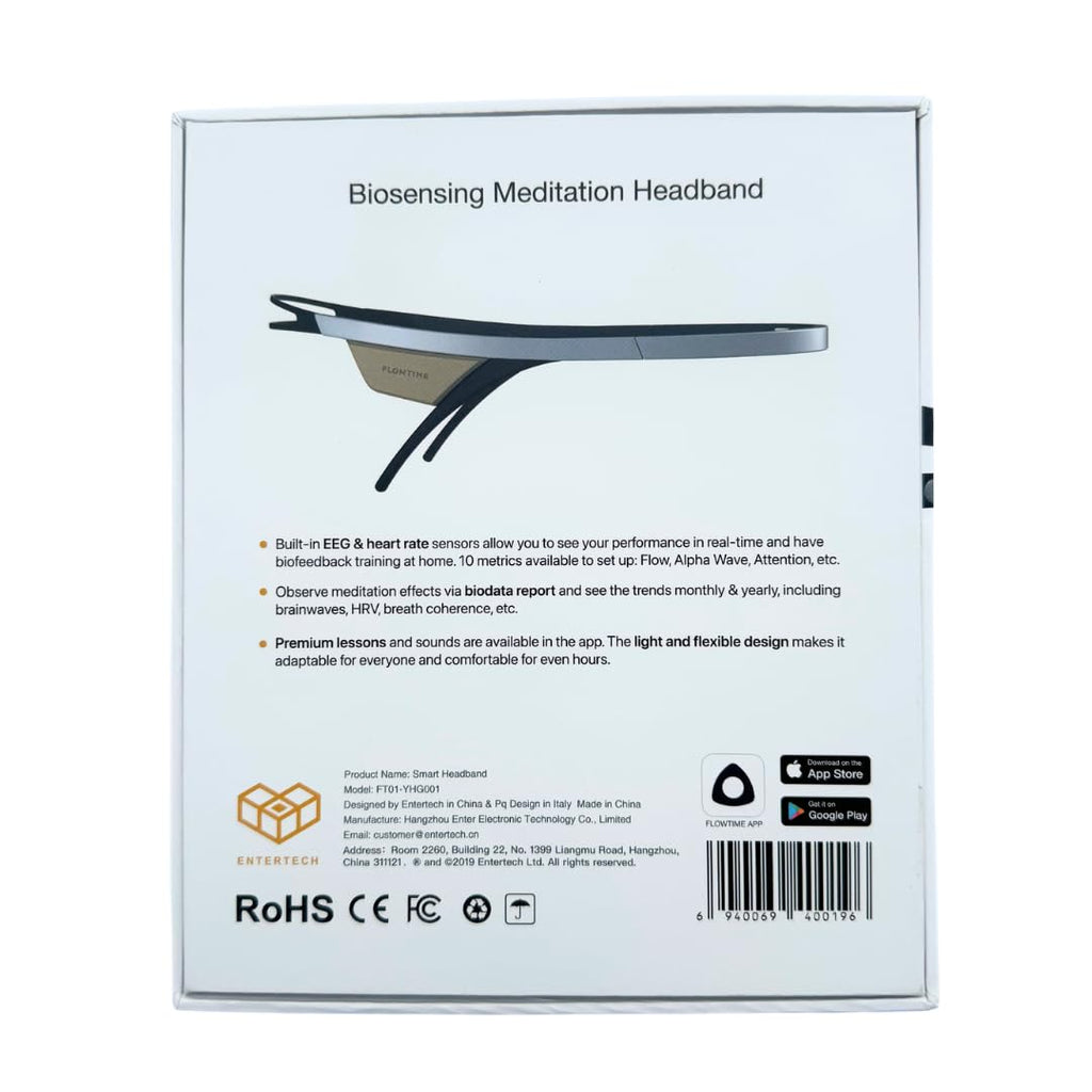 Flowtime: Biosensing Meditation Headband - Brain Tracker for Neurofeedback Training at Home - Heart Rate, Breath, HRV, Stress, Flow, Alpha, Theta, Beta, Gamma Wave Breakdowns