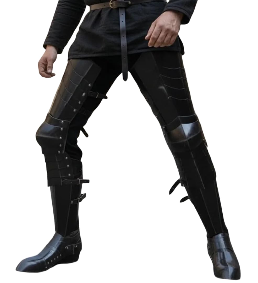 Black Steel Gothic Leg Armor Medieval Knight Greaves & Sabatons Set -Wearable LARP & Cosplay Halloween Costume