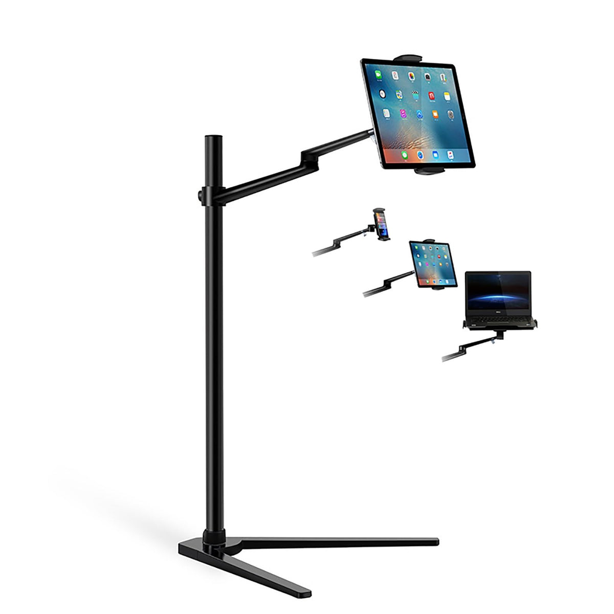 3-in-1 Floor Stand for Phone, Tablet, Laptop or E-Reader, Tablet Holder Stand, Adjustable Height and Angle(Silver)