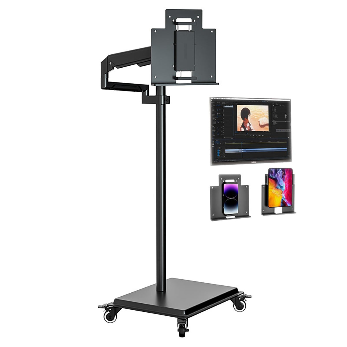 Phone/Tablet/E-Reader/Monitor Stand Floor, Adjustable Height and Angle, Holder Stand with Heavy Duty Base and Casters