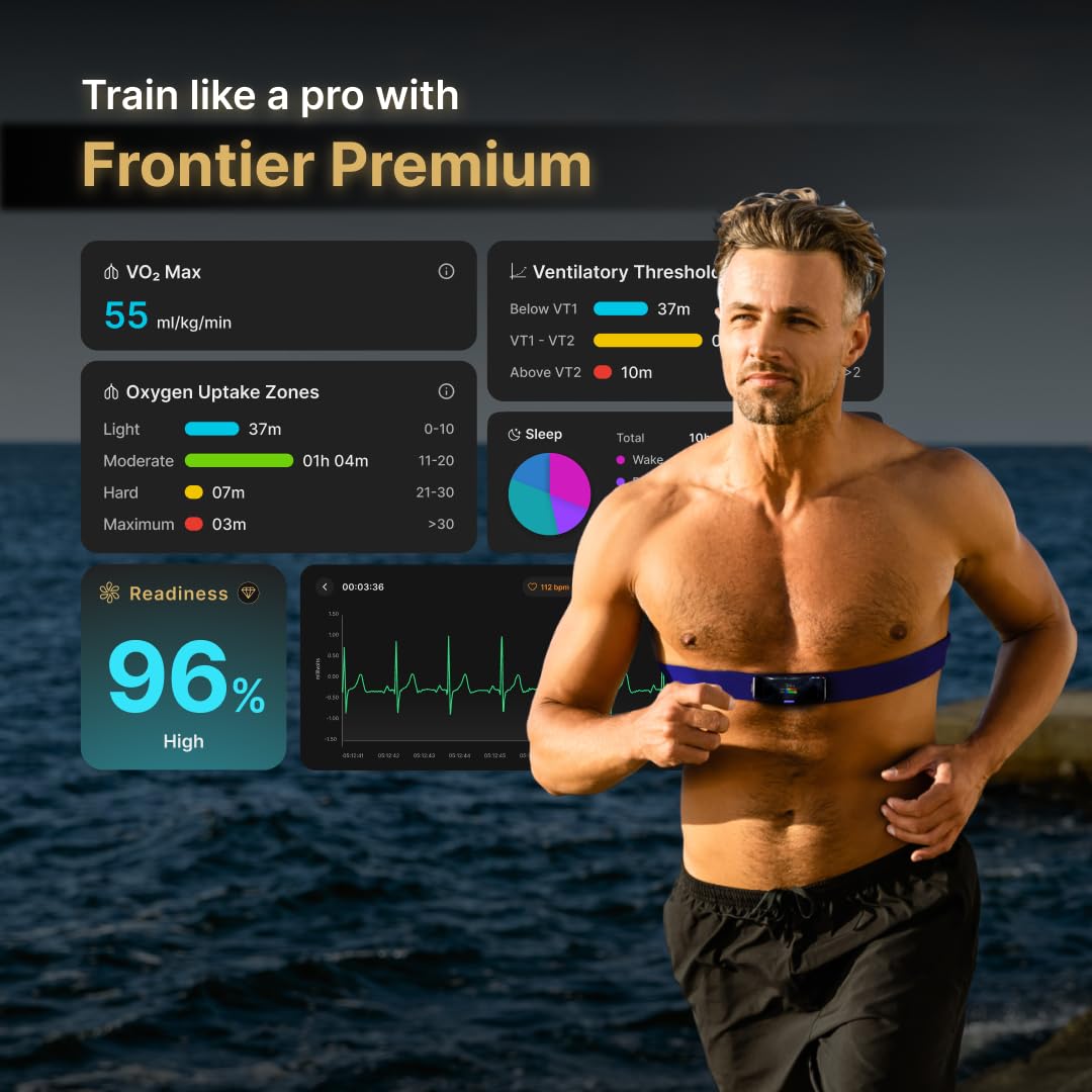 Frontier X2 Smart Heart Rate Monitor Chest Strap, Wearable Heart Rate Monitor with Strain, Breathing Rate, Real Time Vibration Alerts and 20+ Fitness Activities with Continuous Heart Monitoring