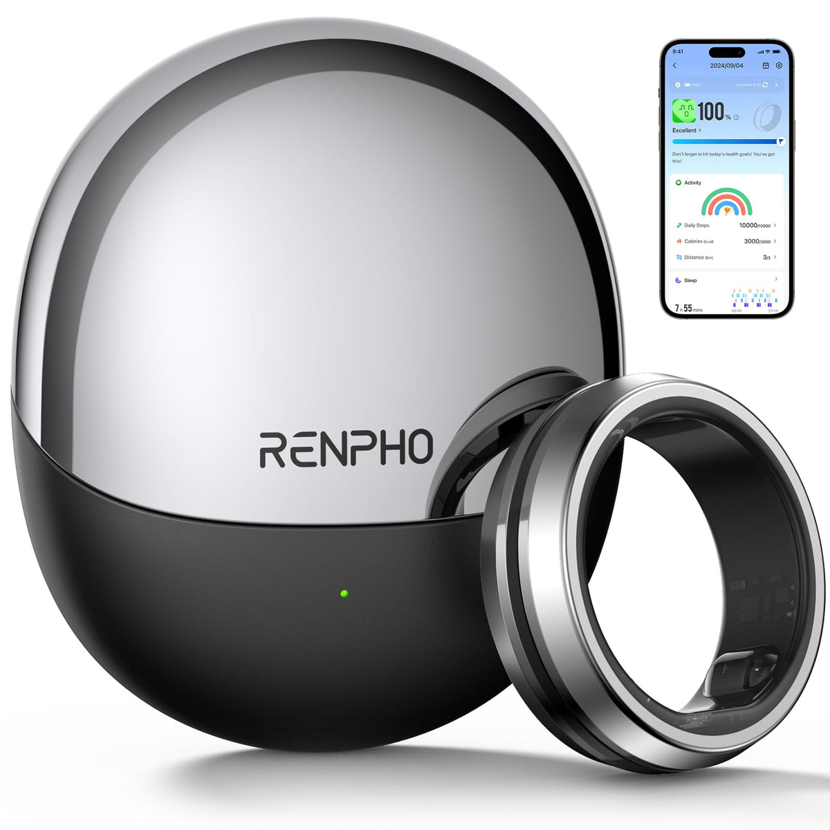 RENPHO Lynx Smart Ring, Subscription-Free App, Silver, Size 11