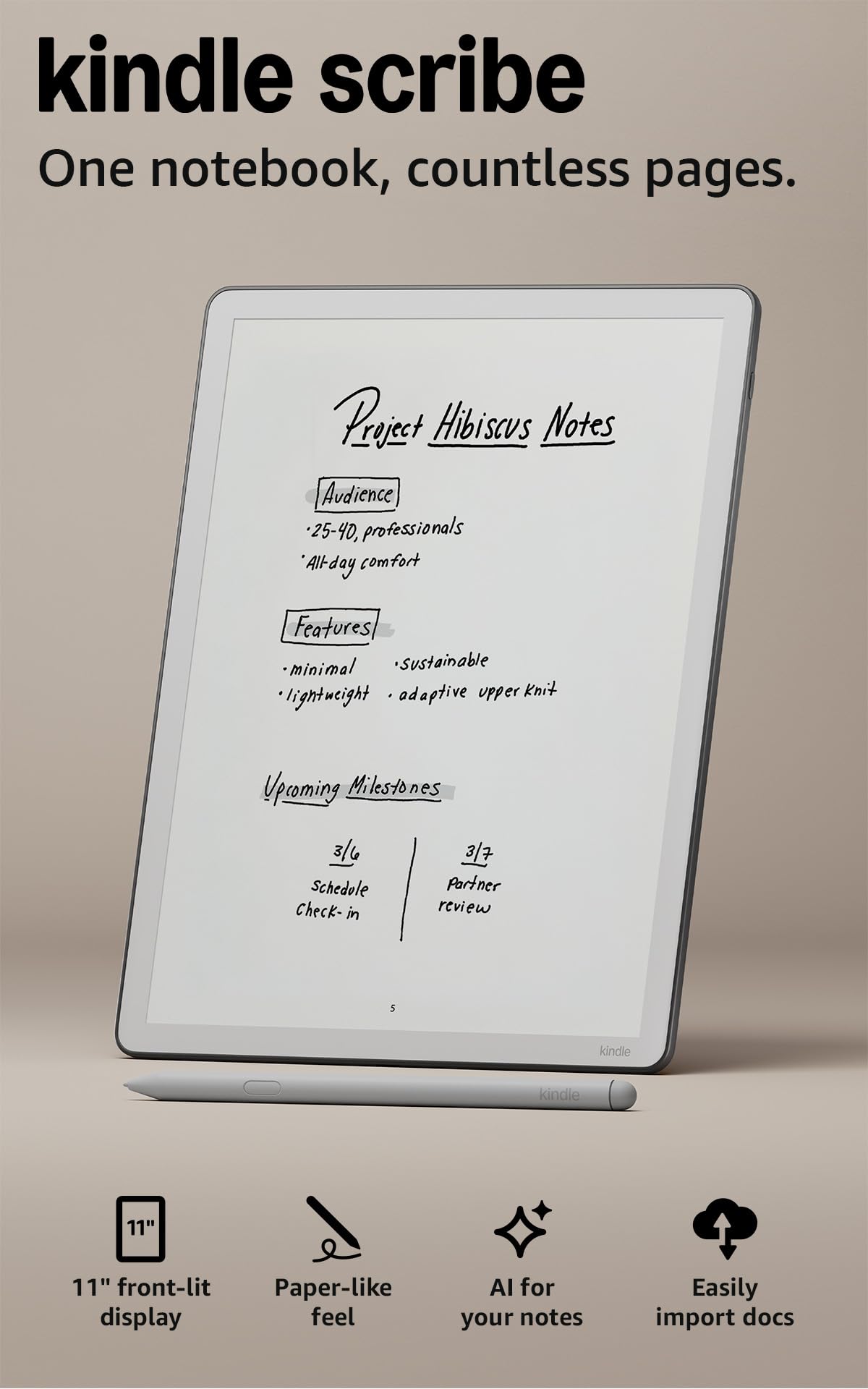 Amazon Kindle Scribe 64GB (newest model) — 11” display with front light, paper-like feel, and no distractions — Write in notebooks, docs, and books. Pen included - Graphite