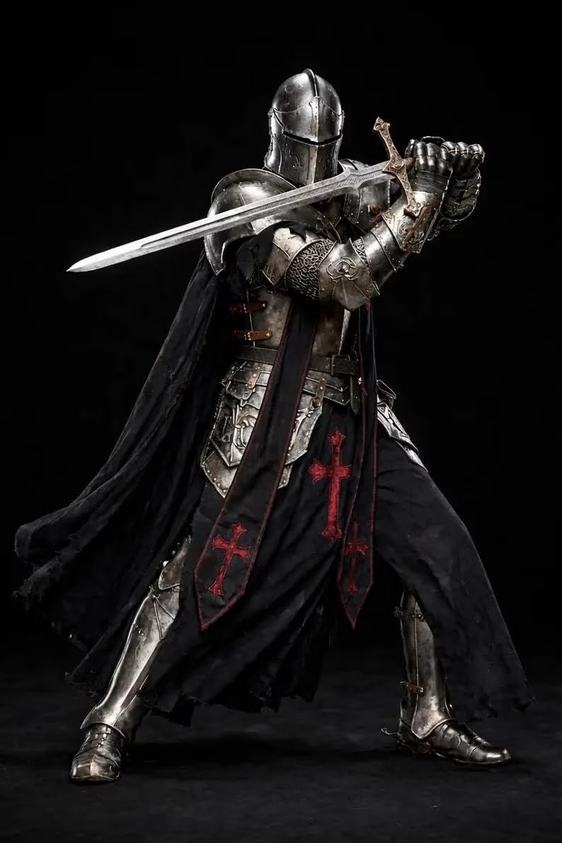18-Gauge Steel Full Body Armor Suit Wearable Barbuta Knight Templar Armour Costume for Halloween Gothic Crusader for LARP, Cosplay, and Reancement.