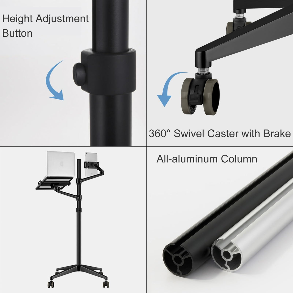 Adjustable Stand Floor with 2 Clamps for Phones, Tablets, E-Readers, Laptops, Tablet Holder Stand with Casters(Silver)