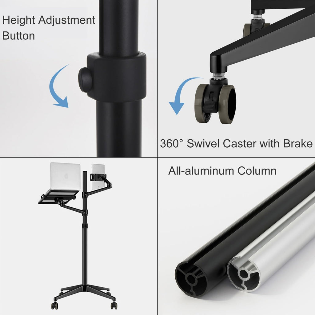 Adjustable Mobile Floor Stand with 2 Clamps for Phones, Tablets, Laptops & E-Readers | Rolling Tablet Holder with Easy Mobility & Height Adjustment
