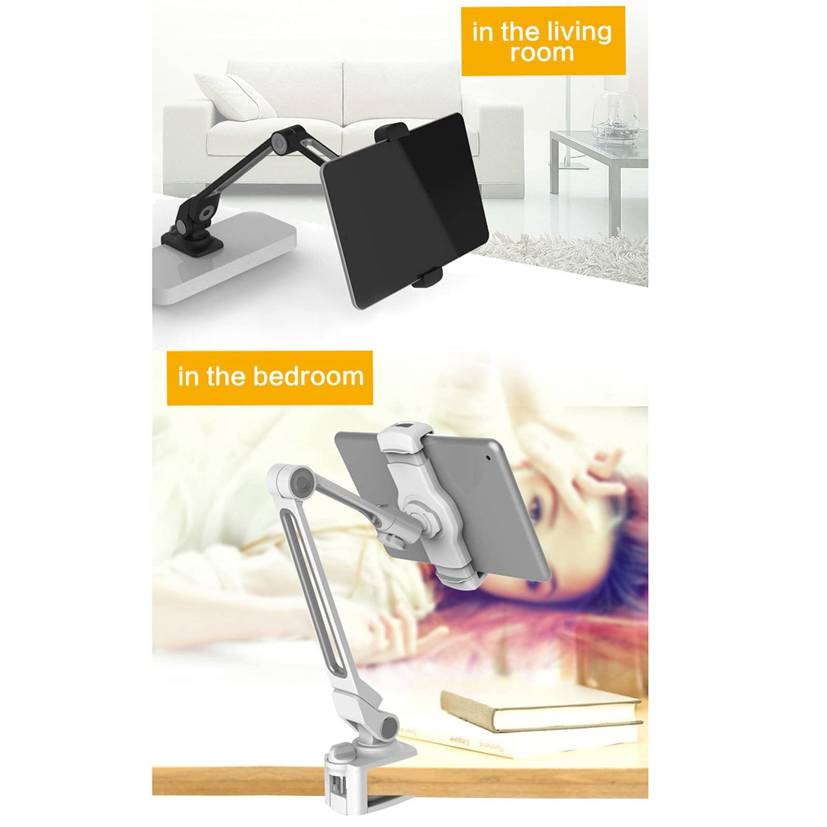 Tablet Stand Holder Adjustable Flexible Long Arm Holder 360 Degree Rotation for 4-11" Cell Phone Tablet E-Readers and More Devices Black (White)
