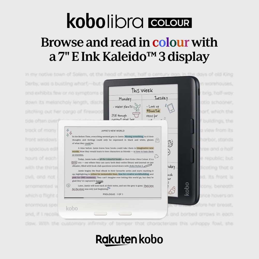 Kobo Libra Colour eReader (White with Stylus), 7” Glare-Free Colour E Ink Kaleido™ 3 Display, Dark Mode Option, Audiobooks, Waterproof