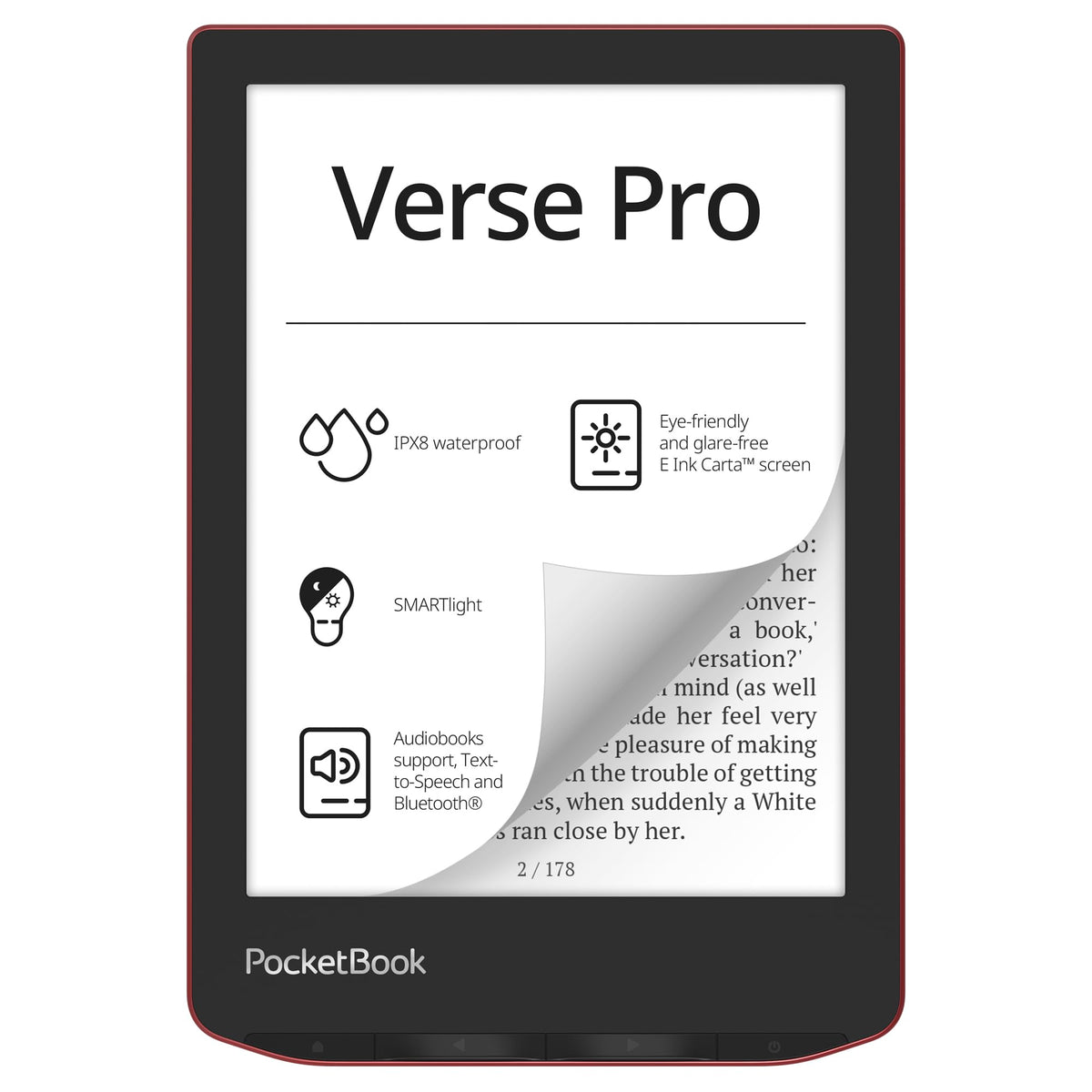 PocketBook Verse Pro E-Reader Waterproof | Eye-Friendly 6'' E-Ink Carta™ HD Touchscreen | Audio-Book & E-Book Reader | Text-to-Speech Function | SMARTlight | 16GB | WiFi & Bluetooth | Red
