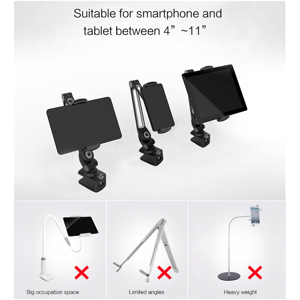 Tablet Stand Holder Adjustable Flexible Long Arm Holder 360 Degree Rotation for 4-11" Cell Phone Tablet E-Readers and More Devices Black (White) (White)