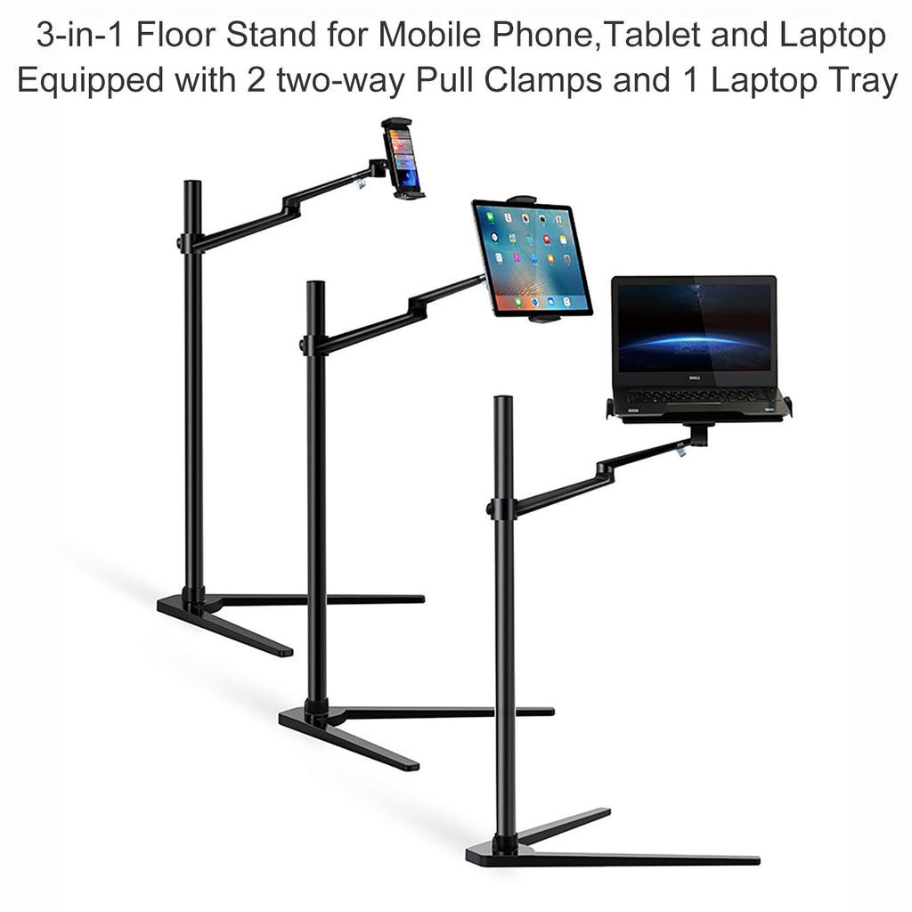 3-in-1 Floor Stand for Phone, Tablet, Laptop or E-Reader, Tablet Holder Stand, Adjustable Height and Angle(Silver)