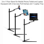 3-in-1 Floor Stand for Phone, Tablet, Laptop or E-Reader, Tablet Holder Stand, Adjustable Height and Angle(Silver)