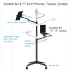 Adjustable Stand Floor with 2 Clamps for Phones, Tablets, E-Readers, Laptops, Tablet Holder Stand with Casters(Silver)