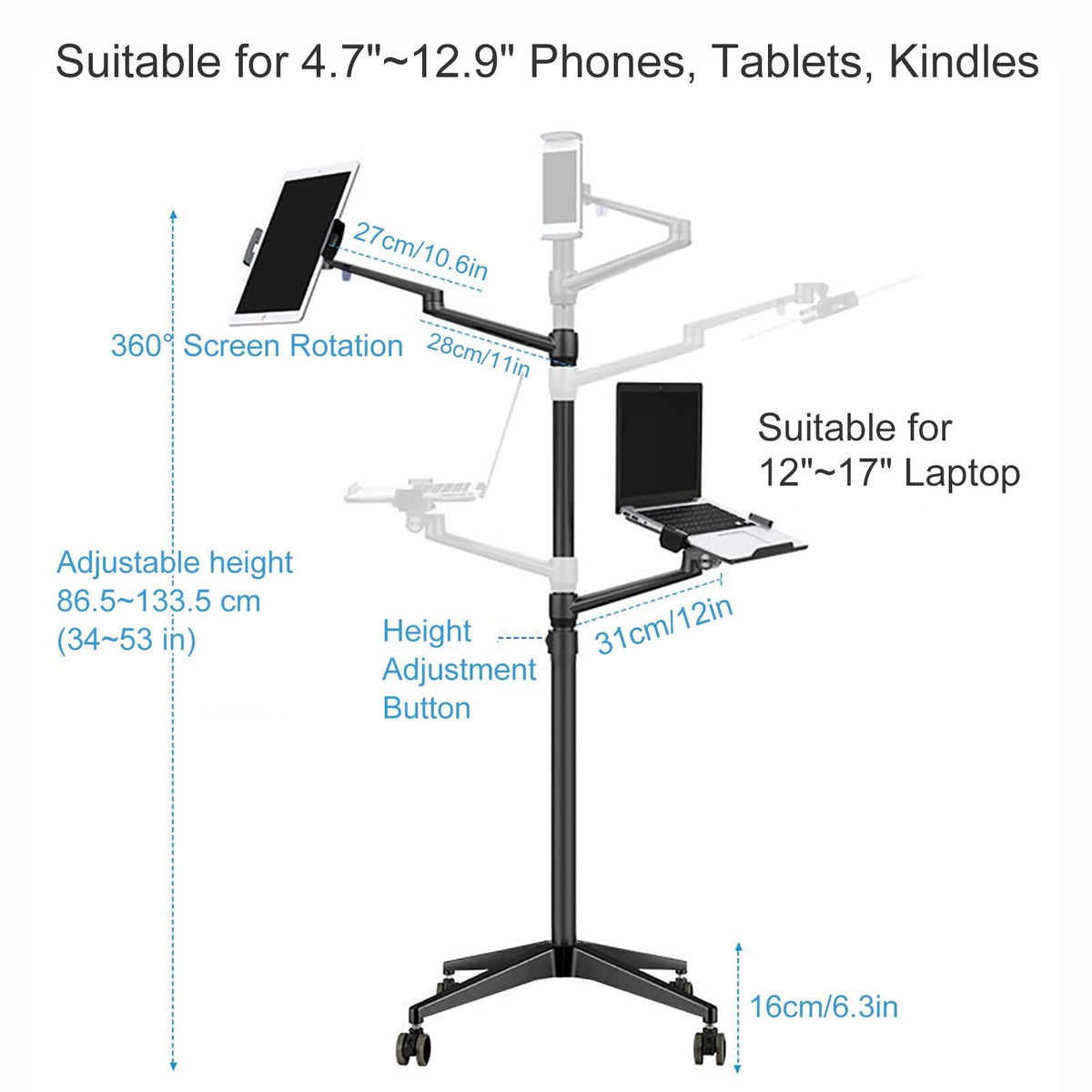 Adjustable Stand Floor with 2 Clamps for Phones, Tablets, E-Readers, Laptops, Tablet Holder Stand with Casters(Silver)