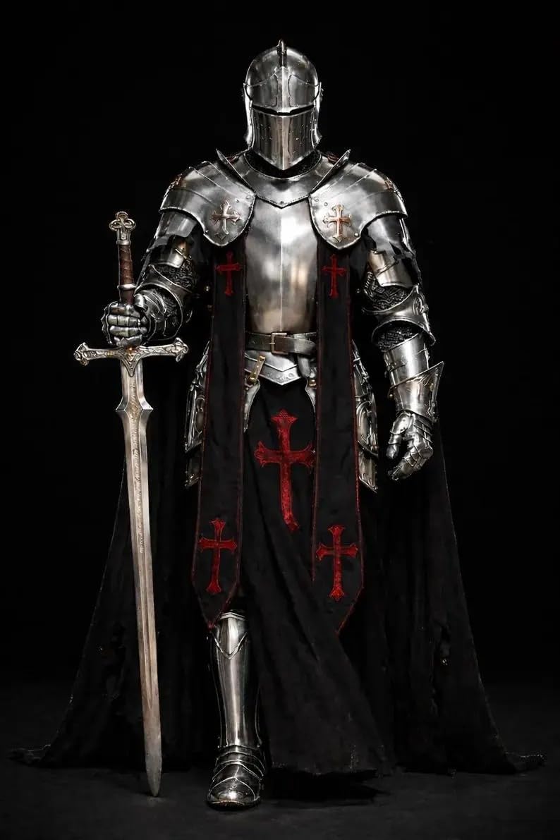 18-Gauge Steel Full Body Armor Suit Wearable Barbuta Knight Templar Armour Costume for Halloween Gothic Crusader for LARP, Cosplay, and Reancement.