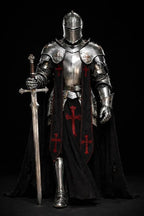 18-Gauge Steel Full Body Armor Suit Wearable Barbuta Knight Templar Armour Costume for Halloween Gothic Crusader for LARP, Cosplay, and Reancement.