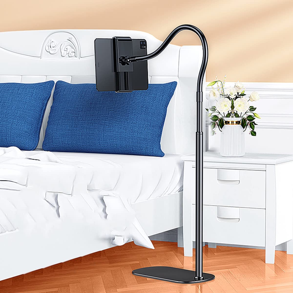 GENYS Height and Angle Adjustable Floor Stand Aluminum Alloy Universal Stand with Flexible Arms,Bed Tablet Mount Holder Stand,for Phone Tablet iPad E-Readers (Color : White, Size : 1.2m Height)