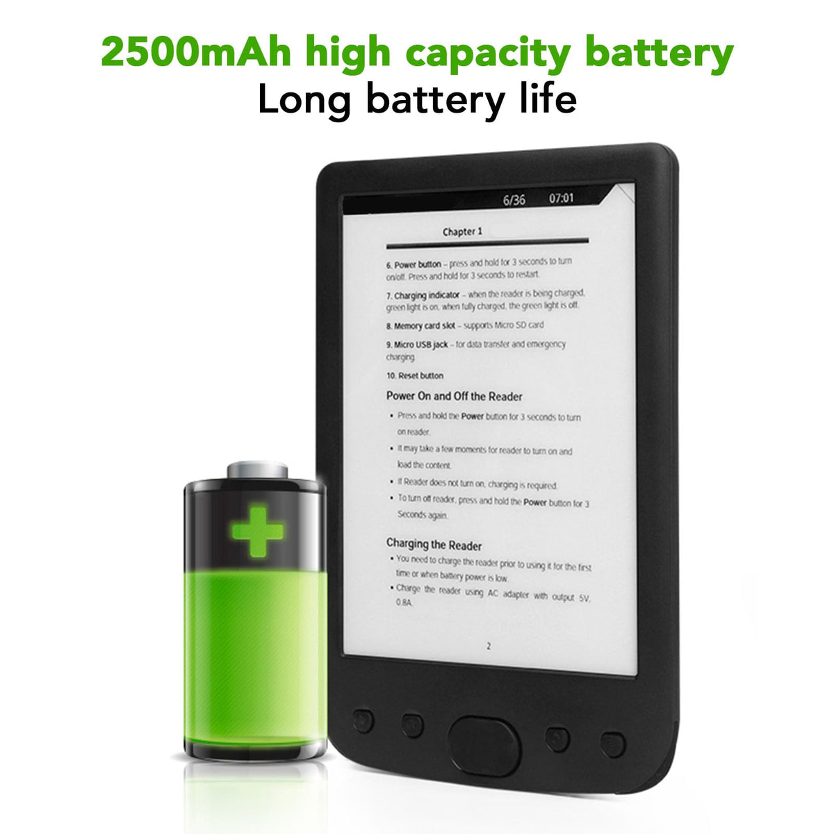6 Inch Electric Book Reader with E Ink Screen, Portable Digital Ebook Reader, Lightweight Touch Screen Reader for PDF EPUB MOBI TXT, 8GB Memory 2500mAh Battery