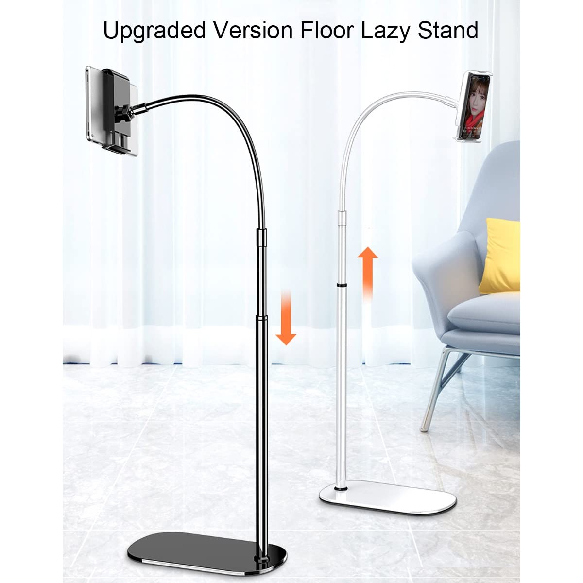 GENYS Height and Angle Adjustable Floor Stand Aluminum Alloy Universal Stand with Flexible Arms,Bed Tablet Mount Holder Stand,for Phone Tablet iPad E-Readers (Color : White, Size : 1.2m Height)