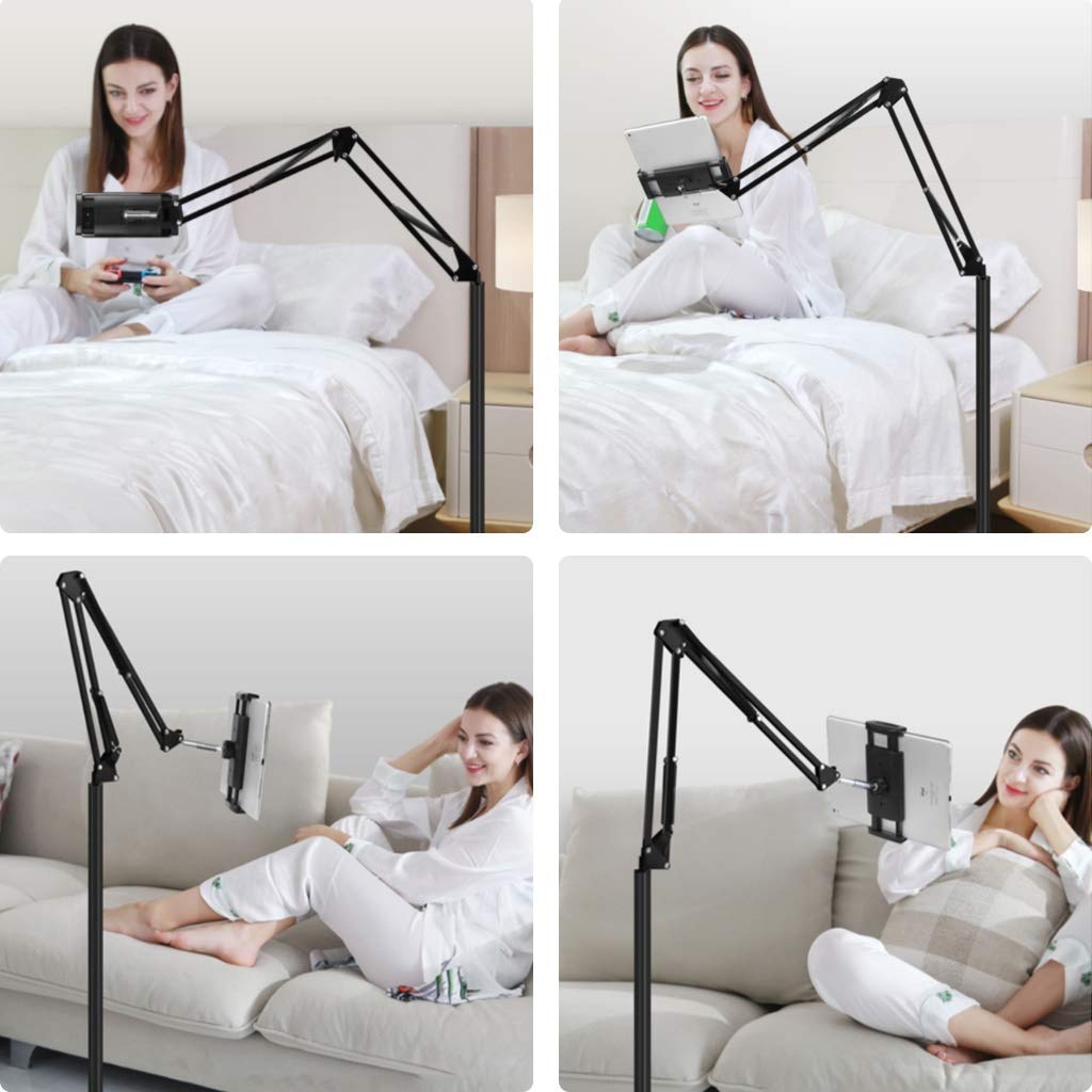 Tablet Stand Holder Height Adjustable 360 Degree Rotating Metal Base Phone Holder for Bed Mount Dock for 4~11inch Screen Tablet Smartphones E-Book Reader (Black 2)