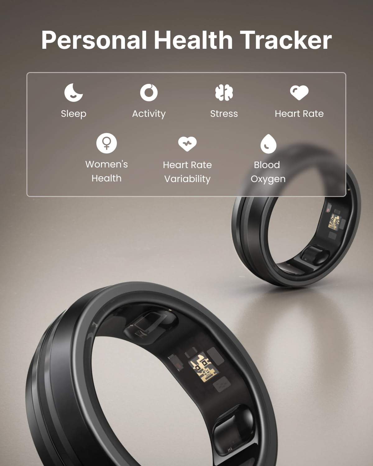 RENPHO Lynx Smart Ring, Subscription-Free App, Black, Size 8