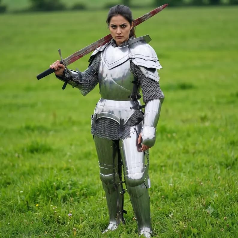 Female Knight Plate Armor Suit Women's Medieval Steel Full Body Armor Lady Wearable Halloween Costume for Cosplay, LARP, and Reancement