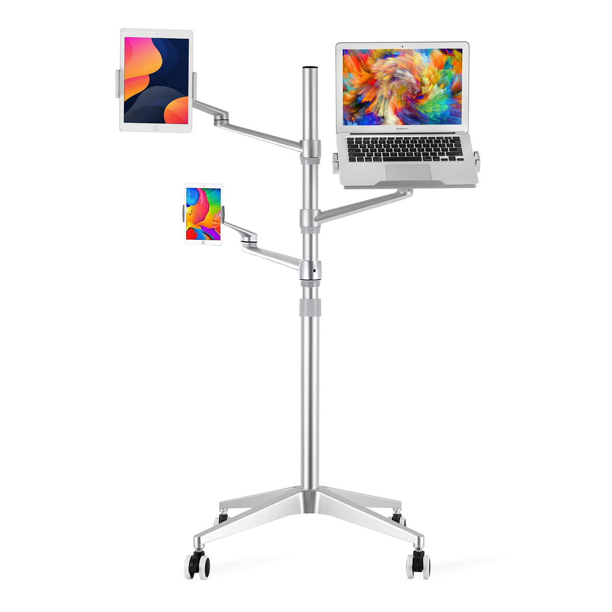 Triple arm Height Adjustable Stand Mount with Rolling Wheel for Laptop(11-17 inch) and Compatible with ipad iPad pro 12.9 inch/Tablet/Ereader