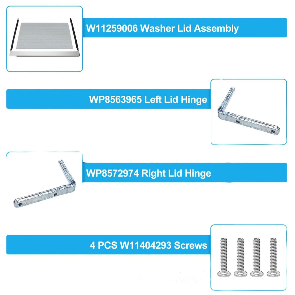 Washer Lid Assembly Replacement W11259006 With Hinges WP8563965 WP8572974 And Screws W11404293 Compatible with Maytag Whirlpool Kenmore KitchenAid Jenn-Air