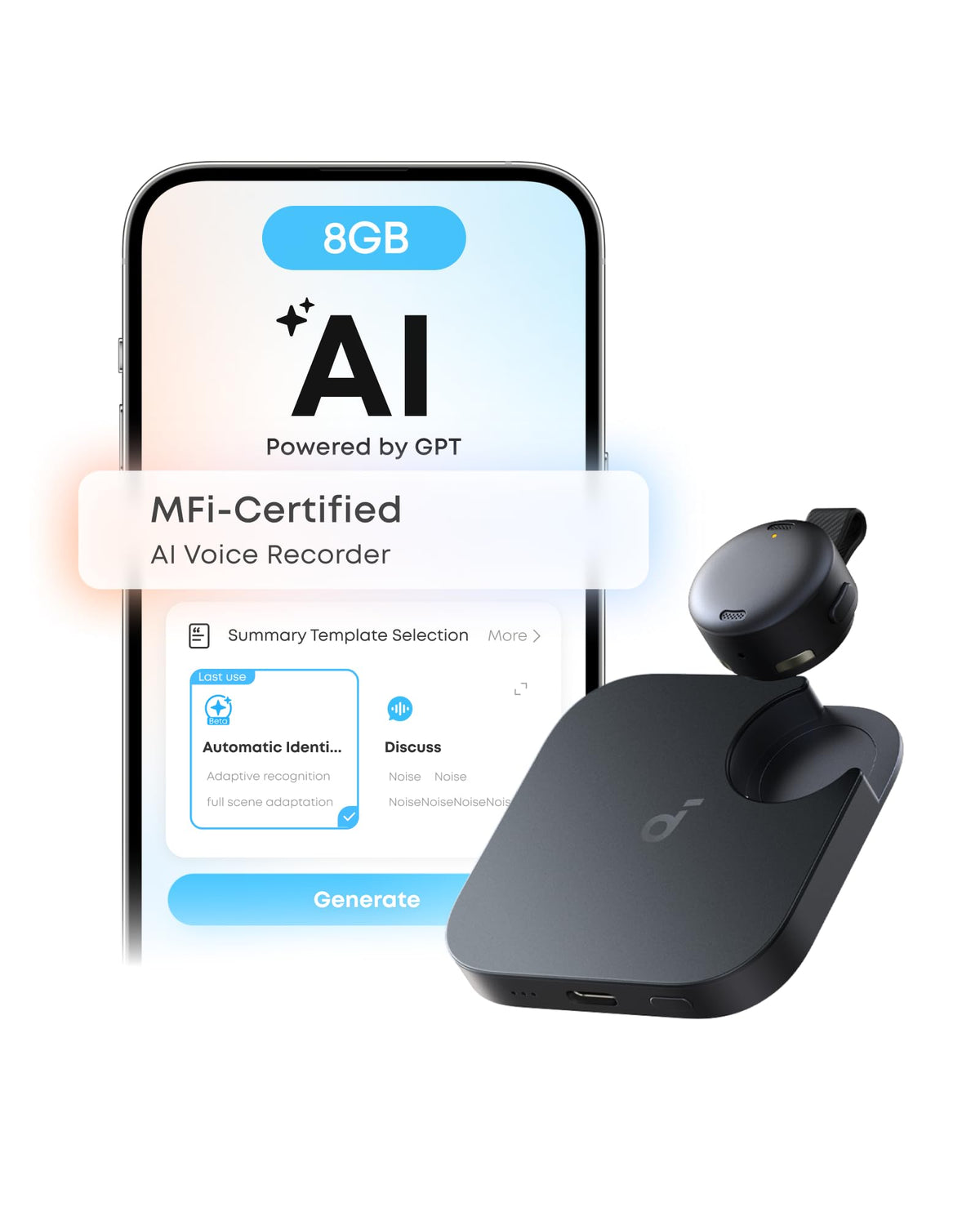 soundcore Work by Anker, Coin-Sized AI Voice Recorder, 8GB, MFi-Certified