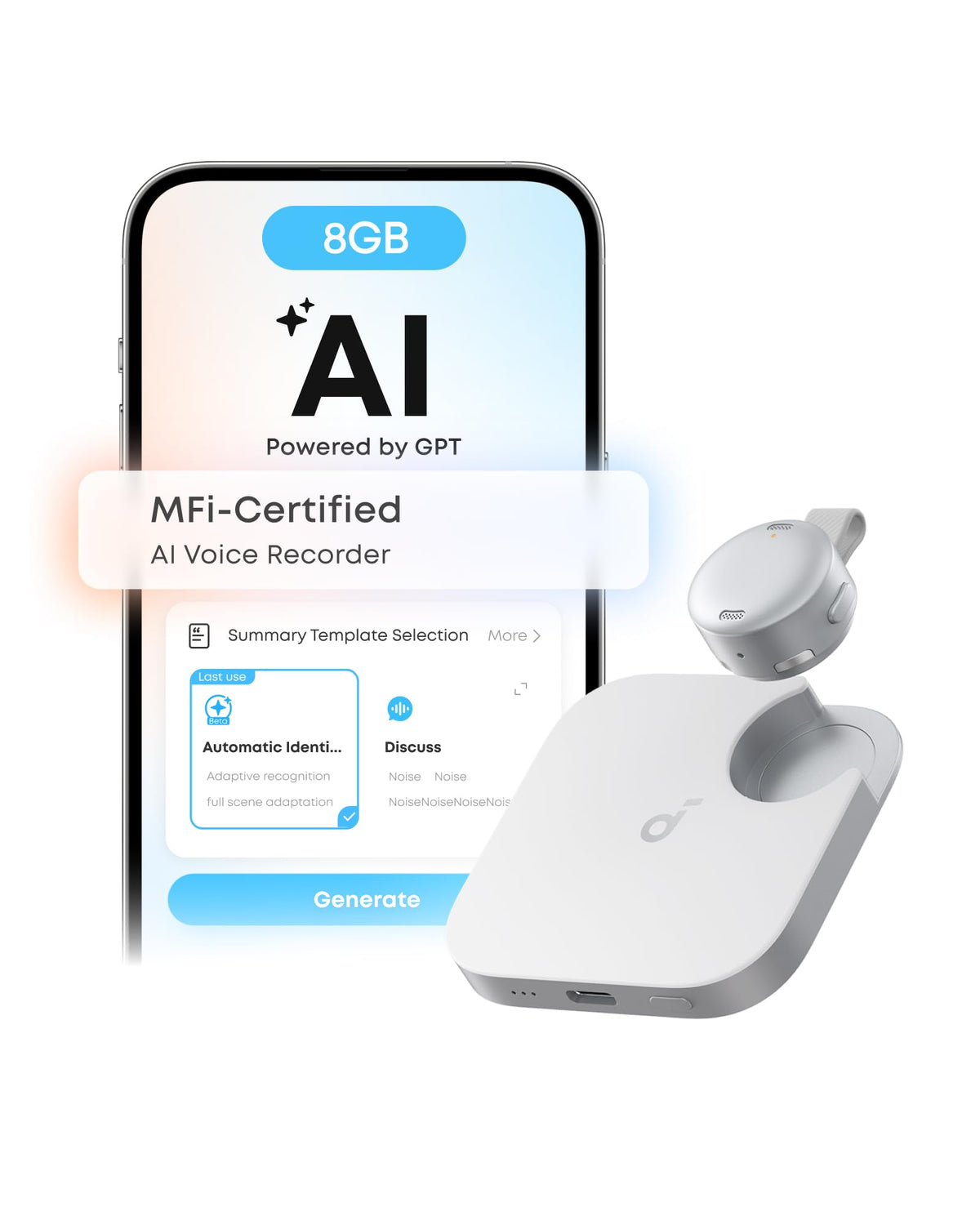 soundcore Work by Anker, Coin-Sized AI Voice Recorder, 8GB, MFi-Certified