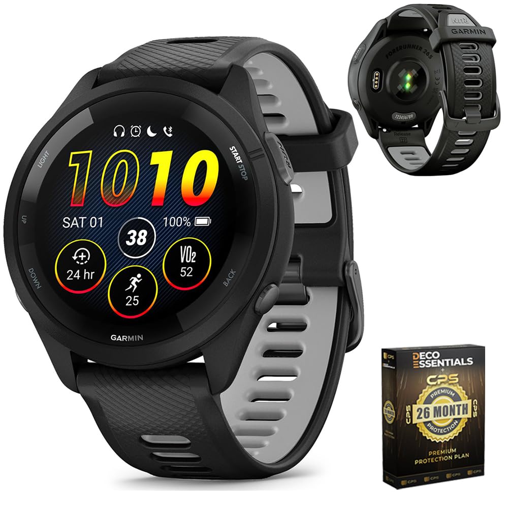 Garmin Forerunner 265 Running GPS Smartwatch, AMOLED Display, 46mm, Aqua/Black, 010-02810-02 - Bundle w/Deco Essentials 26-Month CPS Plan