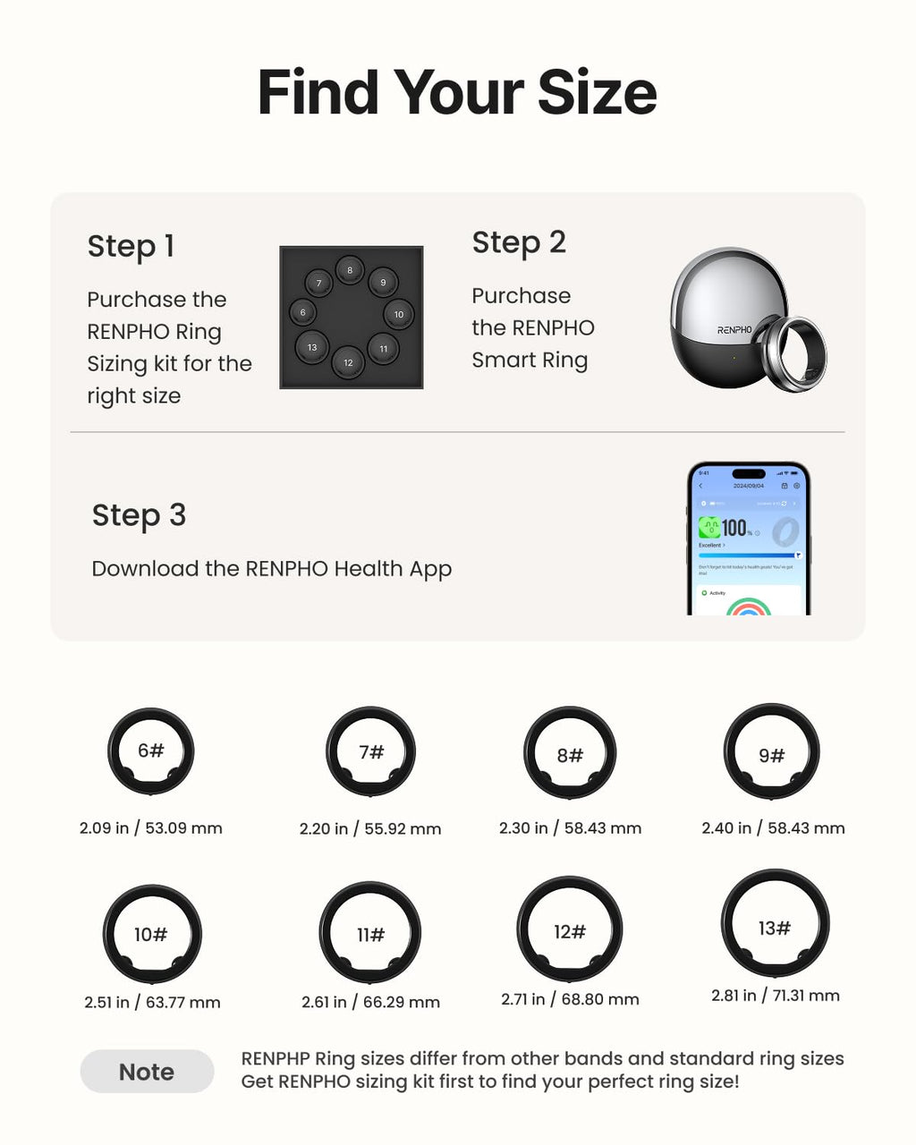 RENPHO Lynx Smart Ring, Subscription-Free App, Silver, Size 11