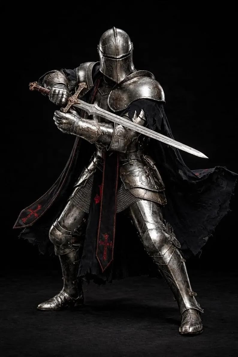 18-Gauge Steel Full Body Armor Suit Wearable Barbuta Knight Templar Armour Costume for Halloween Gothic Crusader for LARP, Cosplay, and Reancement.