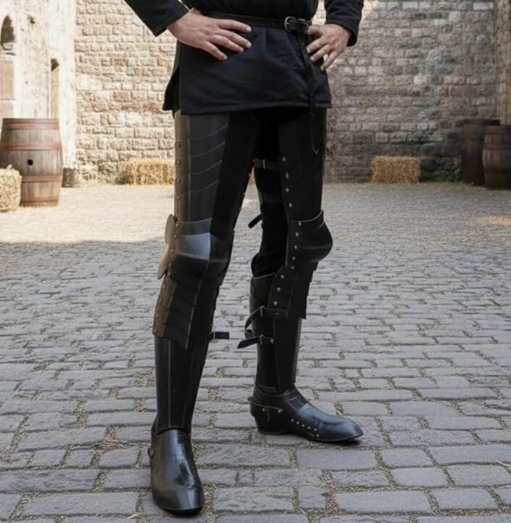 Black Steel Gothic Leg Armor Medieval Knight Greaves & Sabatons Set -Wearable LARP & Cosplay Halloween Costume