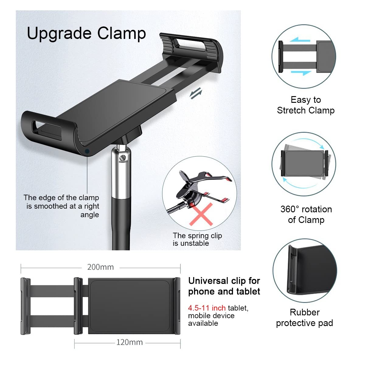 Tablet Floor Stand, 136cm Height Adjustable Holder 4.5-11 Inch Phone,Tablet,eBook Reader(Black)