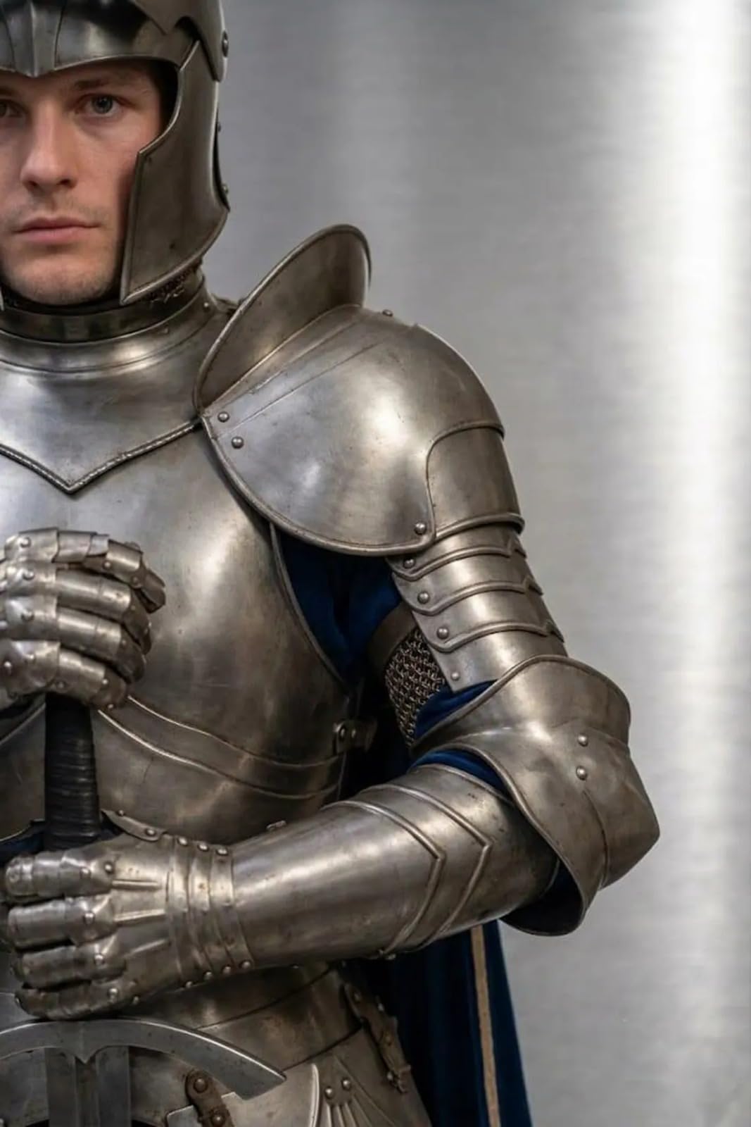 Full Body Medieval Knight Male Armor Suit & Helmet Combat Wearable Gothic Armoured Halloween Costume for LARP, Cosplay, Reenactment & Display Collectible Gift Silver