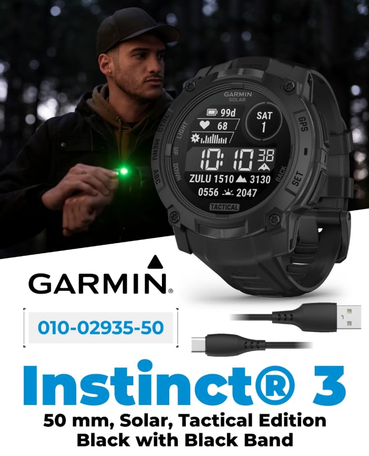 Garmin Instinct 3-50mm Tactical Edition, Solar Charging Display, Rugged Outdoor GPS Smartwatch, Applied Ballistics Support, LED Flashlight, Multi-Band GPS PowerBank Bundle