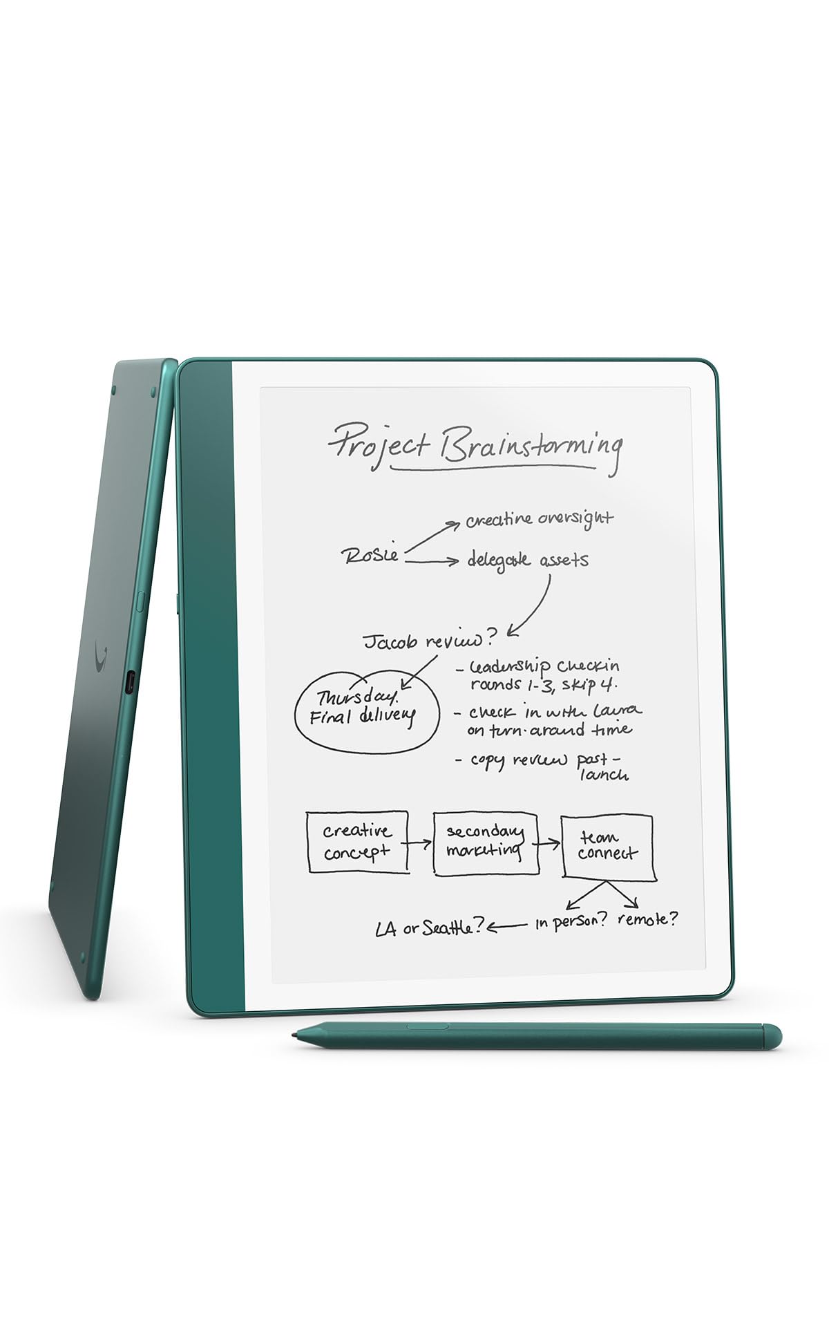 Amazon Kindle Scribe Essentials Bundle including Kindle Scribe (64GB) - Metallic Jade, Premium Pen, Leather Folio-Jade, and Power Adapter