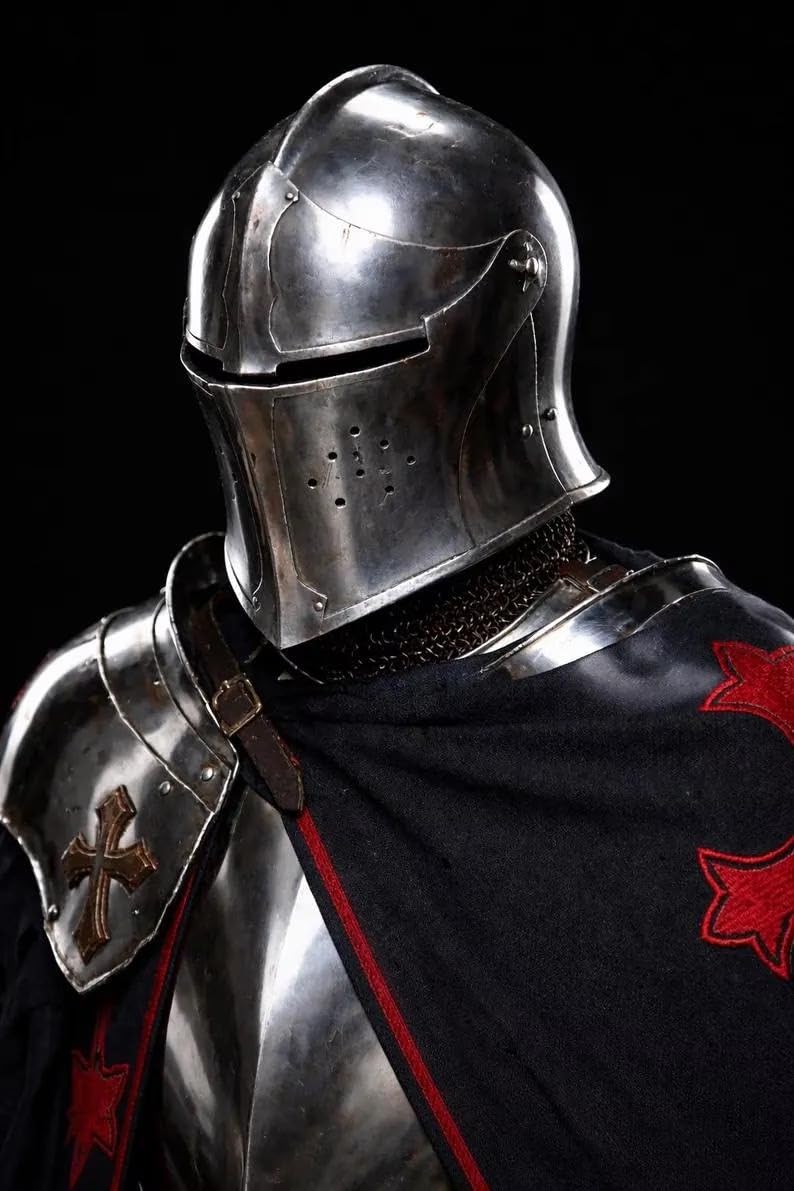 18-Gauge Steel Full Body Armor Suit Wearable Barbuta Knight Templar Armour Costume for Halloween Gothic Crusader for LARP, Cosplay, and Reancement.