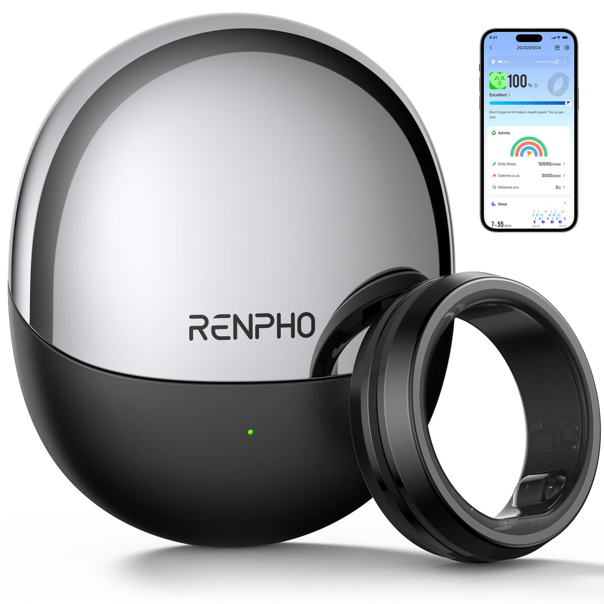 RENPHO Lynx Smart Ring, Subscription-Free App, Black, Size 8