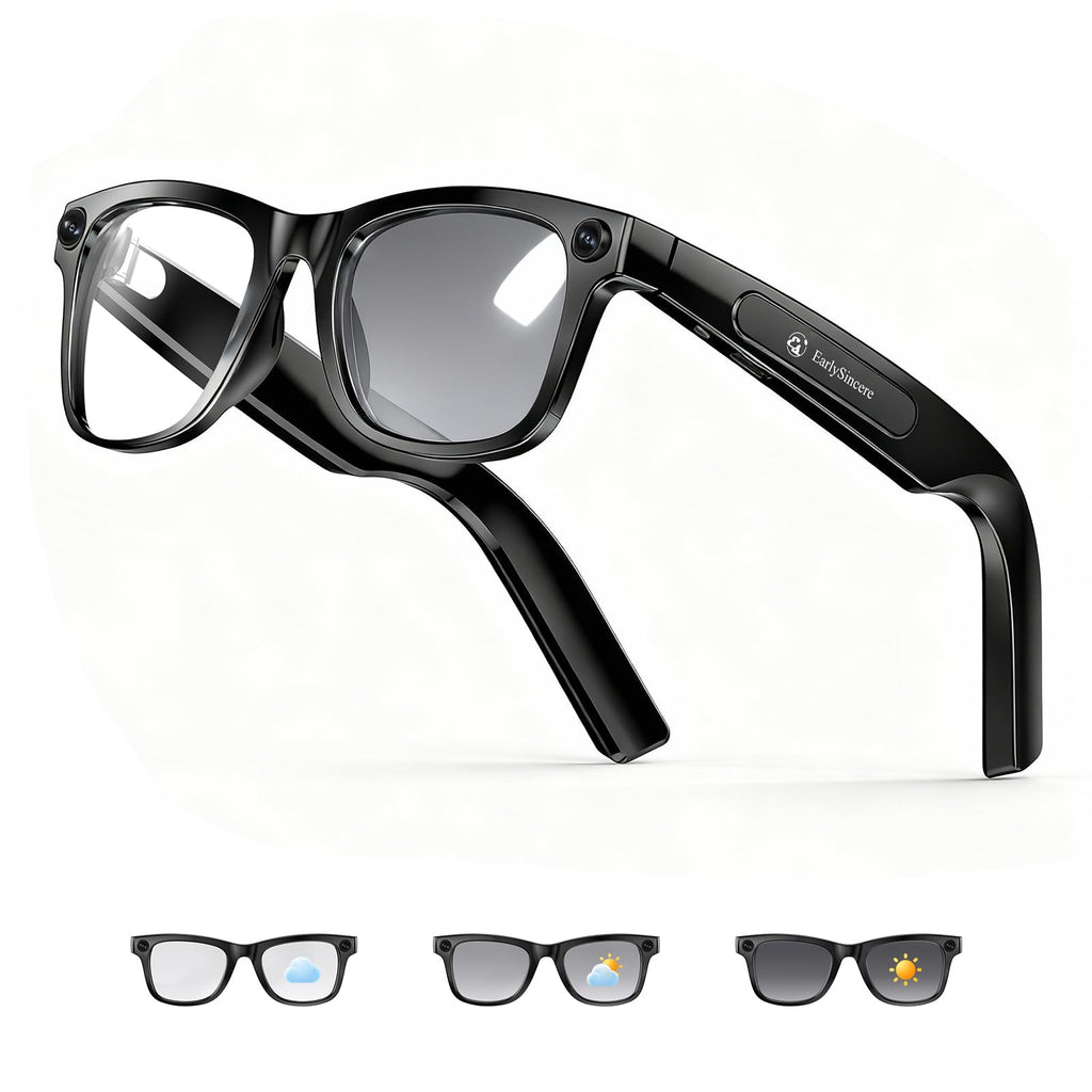 4K Smart Glasses with Camera, AI Glasses with EIS Stabilization, Photochromic Blue Light Blocking Lenses, Real-Time Translation, 410mAh Battery, 10+ Days Standby, HiFi Audio