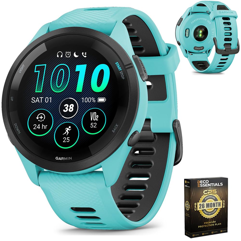 Garmin Forerunner 265 Running GPS Smartwatch, AMOLED Display, 46mm, Aqua/Black, 010-02810-02 - Bundle w/Deco Essentials 26-Month CPS Plan