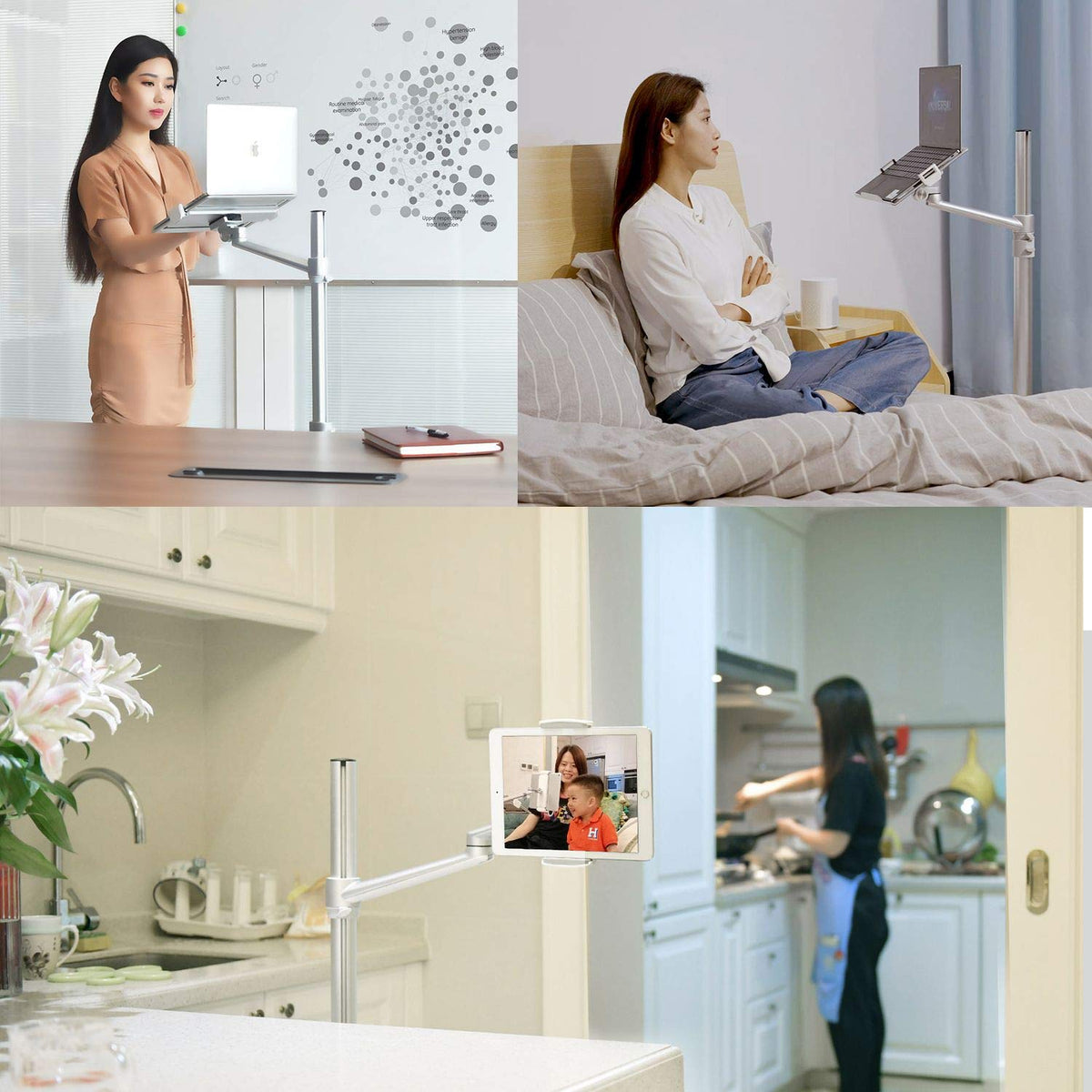 Triple arm Height Adjustable Stand Mount with Rolling Wheel for Laptop(11-17 inch) and Compatible with ipad iPad pro 12.9 inch/Tablet/Ereader