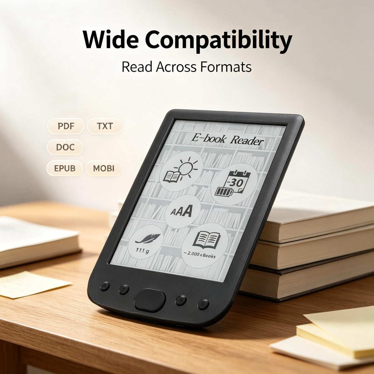 EBTOOLS 6 Inch E Reader, Large Touch Screen with 800x600 High Resolution, Adjustable Font Sizes, Text Highlighting, Paper Like Display, Supports PDF EPUB MOBI, Long Battery Life (8G)