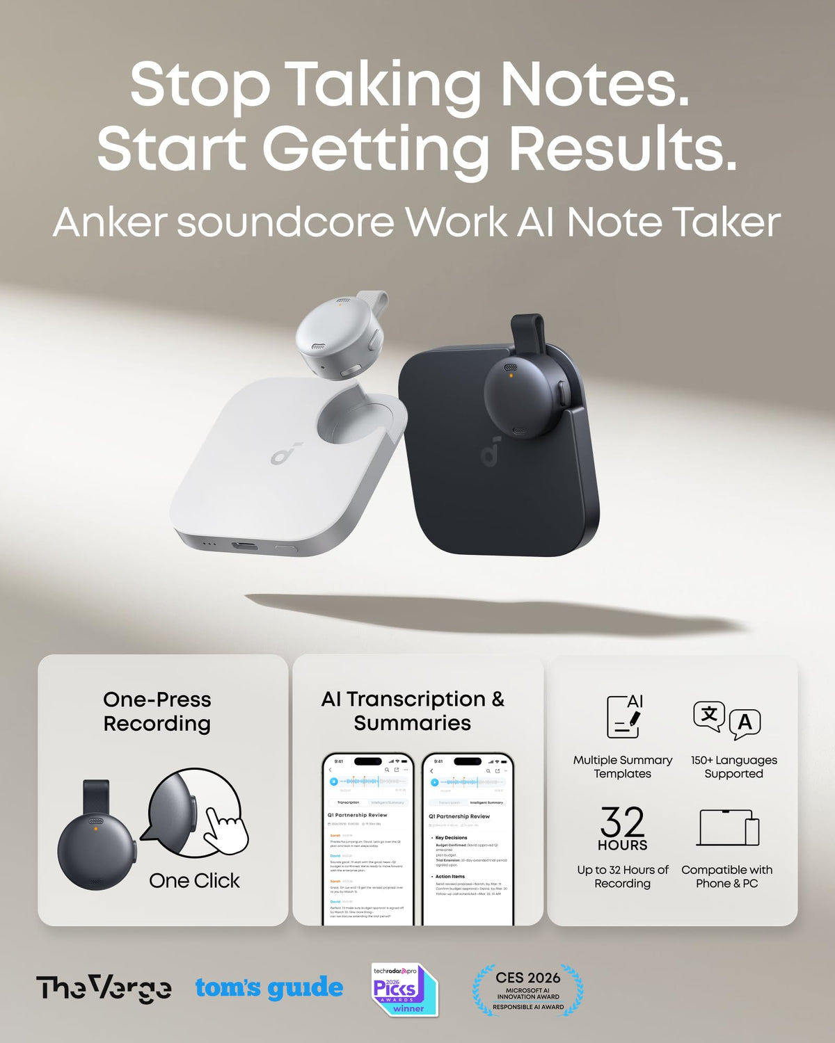 soundcore Work by Anker, Coin-Sized AI Voice Recorder, 8GB, MFi-Certified